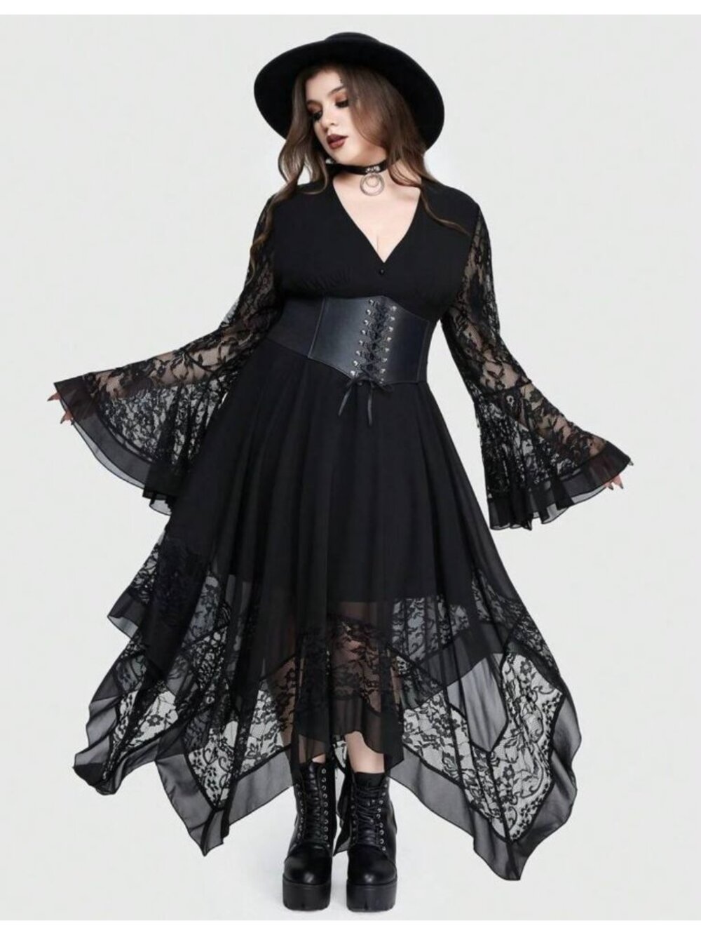 Gothic Stevie Nicks Black Lace Bell Sleeve Dress 3x With Handkerchief Hemline